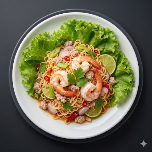 ยำมาม่าหมูสับกุ้ง/ทะเล